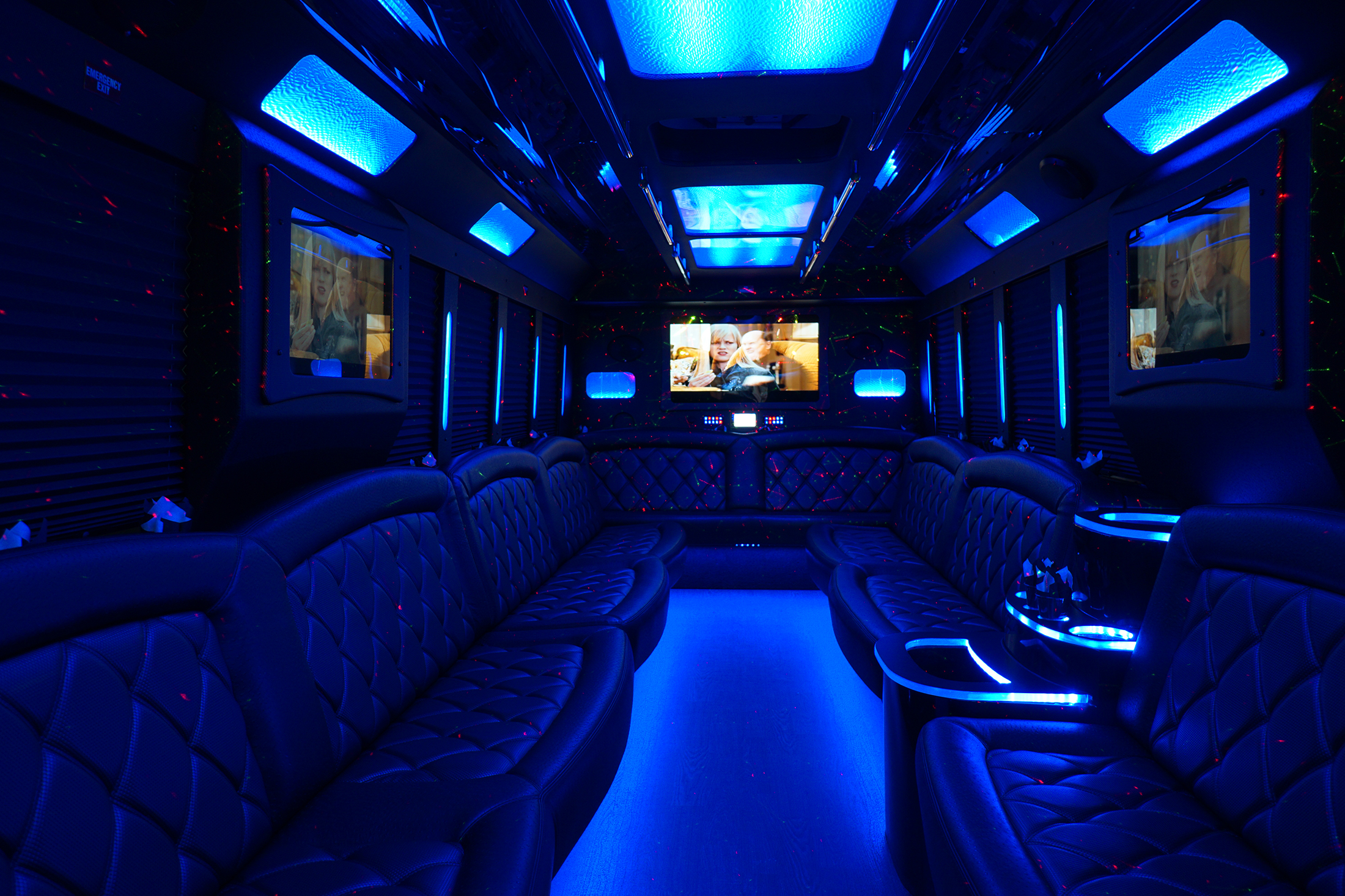 Party buses with bluw lighting